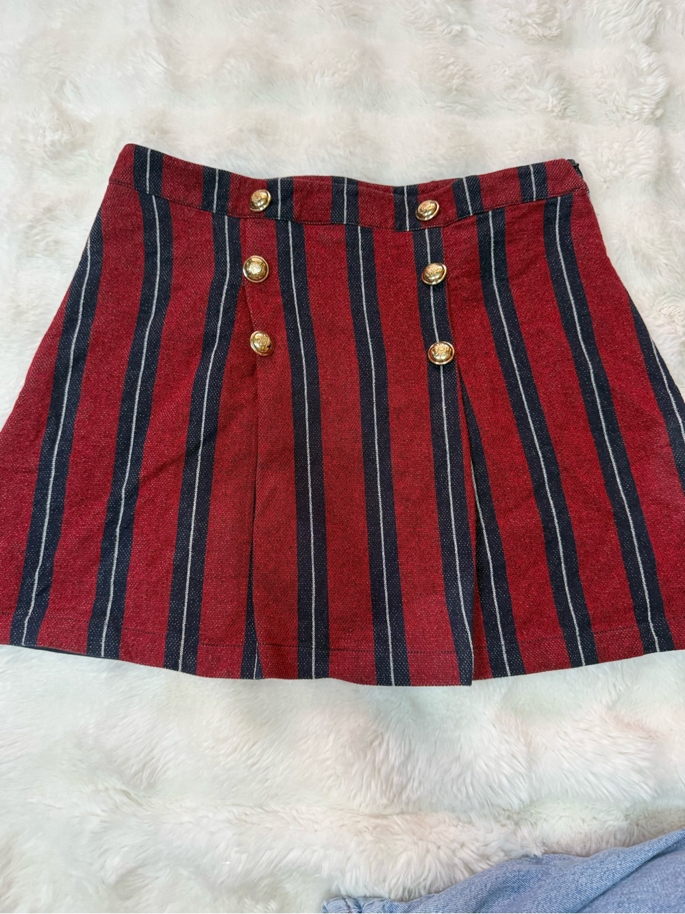 Gold-Button Striped Red Mini Skirt